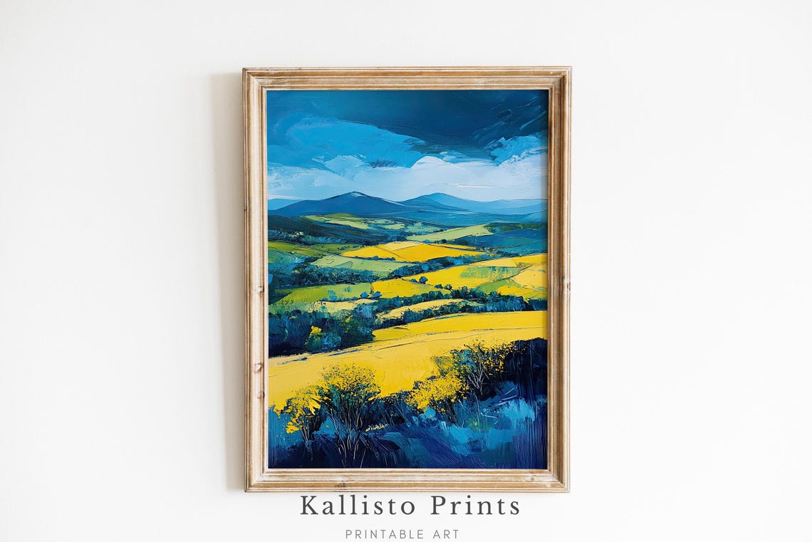Bold Yellow Fields Blue Mountains Expressive Landscape Poster