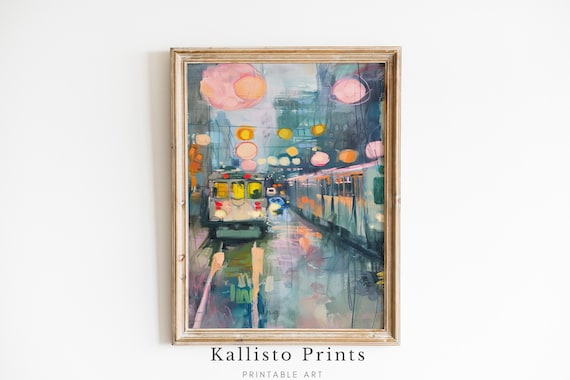 Rainy City Street Night Tram Glowing Lights Impressionist Poster
