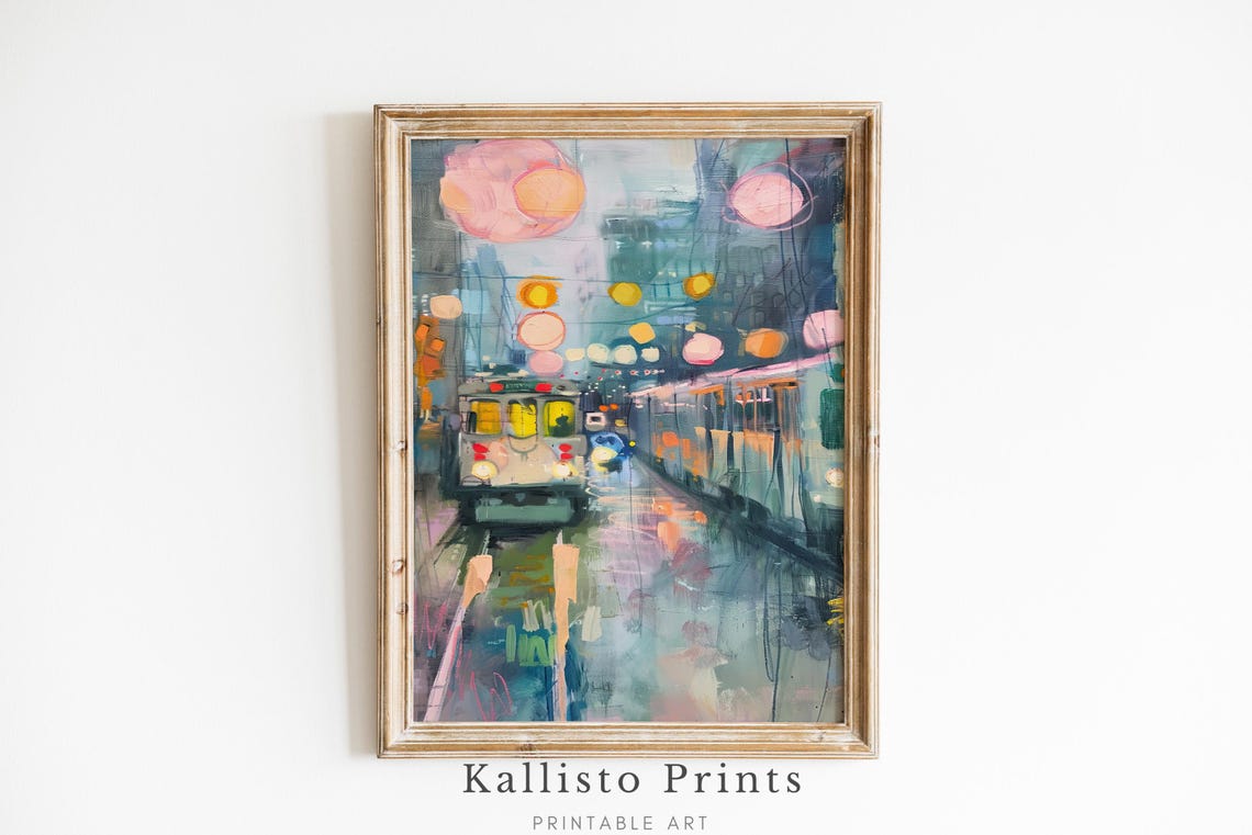 Rainy City Street Night Tram Glowing Lights Impressionist Poster
