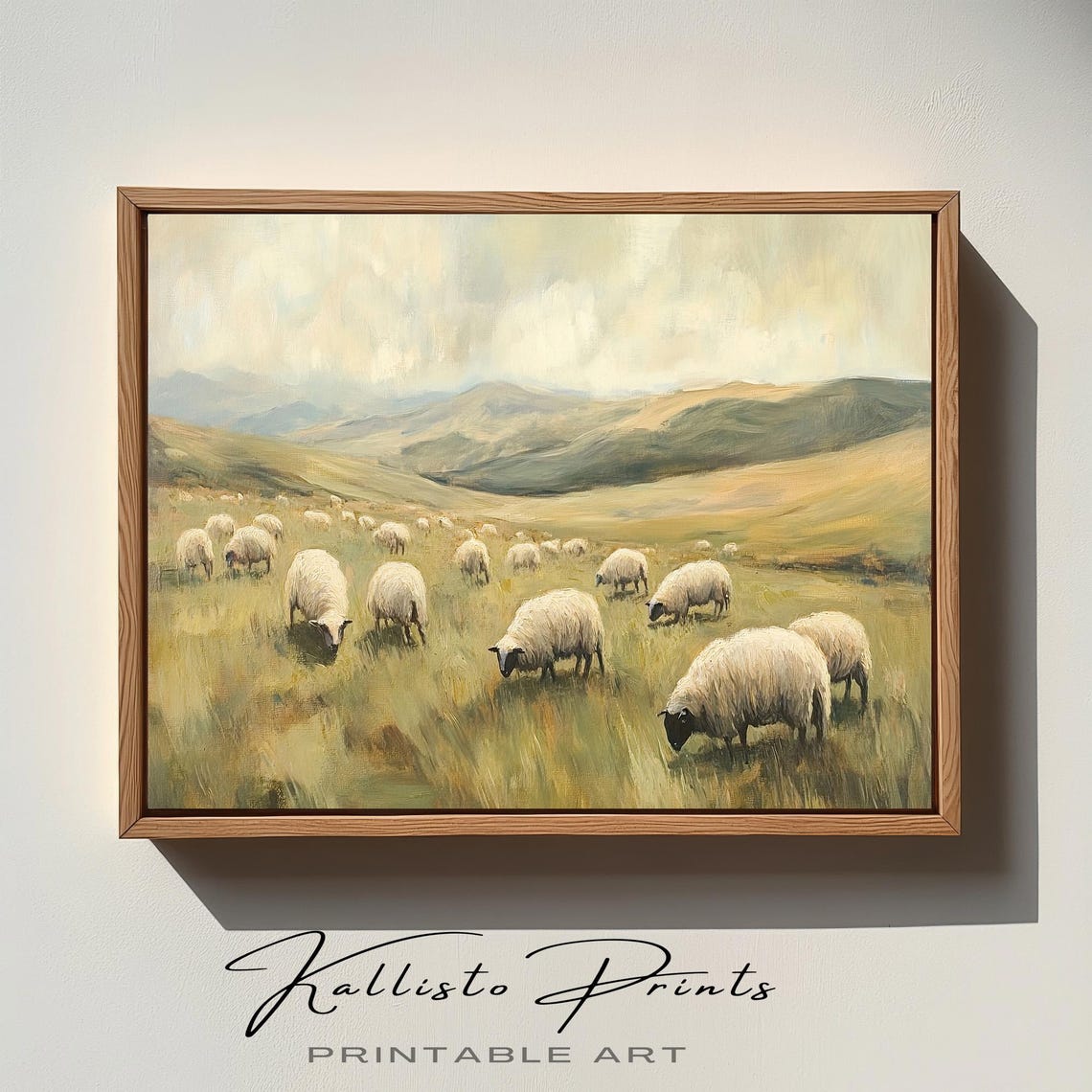 Pastoral Sheep Flock Grazing In Golden Rolling Hills Landscape Poster