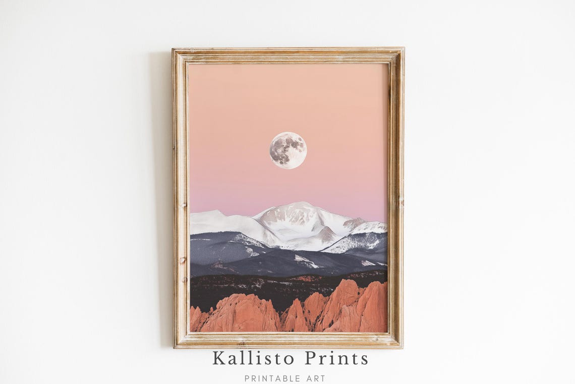 Glowing Full Moon Snowy Peaks Peach Sky Red Rock Desert Wall Art