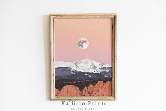 Full Moon Over Rocky Mountains Celestial Desert Landscape Print Pink Sky Wall Art Minimalist Nature Decor 972