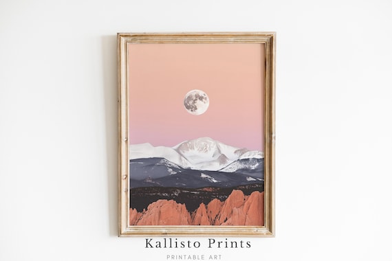 Glowing Full Moon Snowy Peaks Peach Sky Red Rock Desert Wall Art