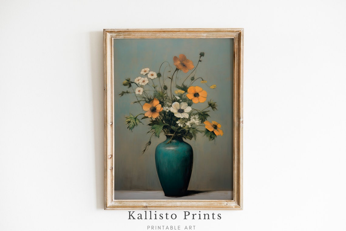 Yellow And White Wildflowers In Teal Vase Elegant Floral Poster
