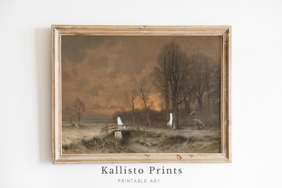 Haunted Winter Forest Bridge Ghosts Vintage Gothic Dark Scene Poster