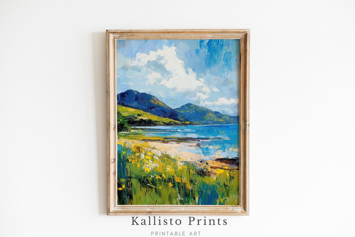 Sunny Wildflower Meadow Impressionist Mountain Coastline Poster