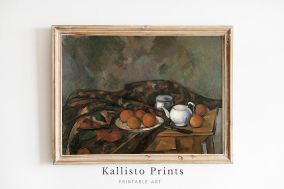 Vintage Still Life Art Print With Oranges Teapot Textured Fabric Classic Rustic Kitchen Decor For Farmhouse French Country Style222
