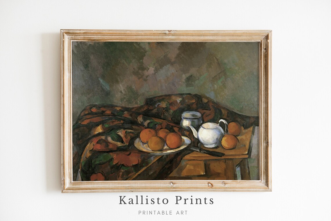 Vintage Still Life Painting Oranges And White Teapot Kitchen Poster
