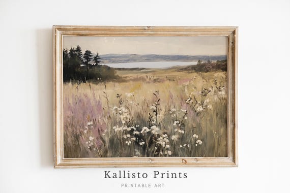 Wildflowers By The Lake Countryside Print Tranquil Landscape Wall Art Rustic Farmhouse Decor Download808