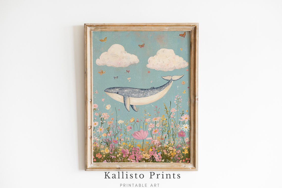 Flying Whale Over Flower Field Butterflies Whimsical Art Poster