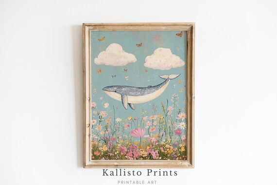 Flying Whale Over Flower Field Butterflies Whimsical Art Poster