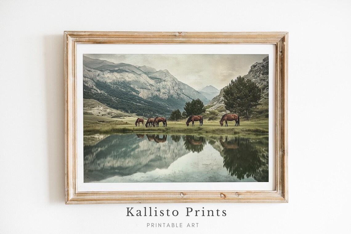 Wild Horses Landscape Art Print, Rustic Western Decor