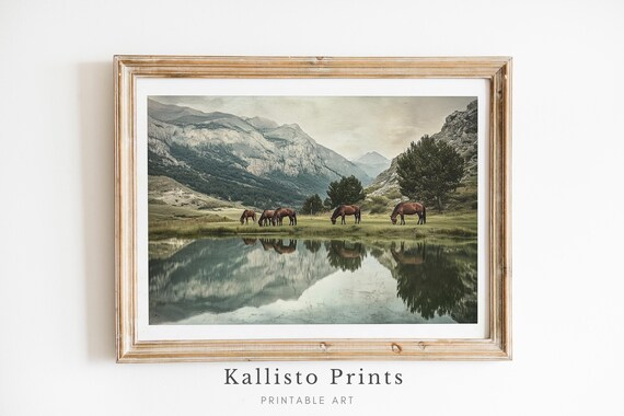 Wild Horses Landscape Art Print, Rustic Western Decor