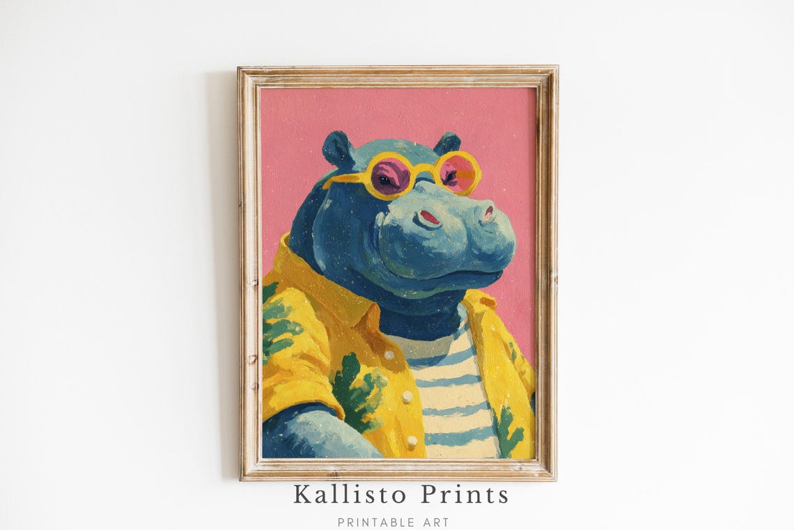 Cool Hippo In Sunglasses Print Retro Animal Art Yellow And Pink Funky Jungle Decor Whimsical Wall 1289