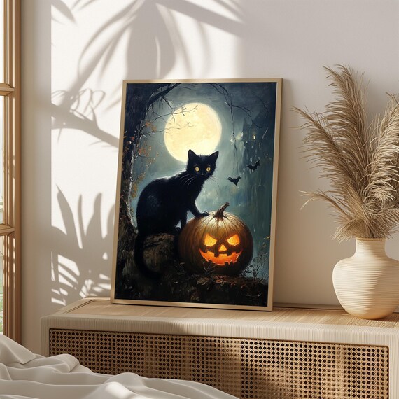 Black Cat On Glowing Jack O Lantern Under Full Moon Night Poster