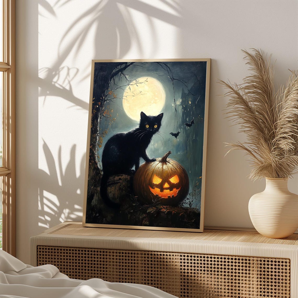 Black Cat On Glowing Jack O Lantern Under Full Moon Night Poster