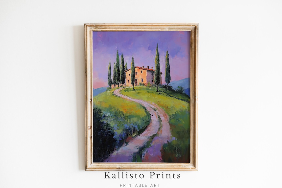 Tuscan Farmhouse Hilltop Cypress Alley Pink Evening Art Poster