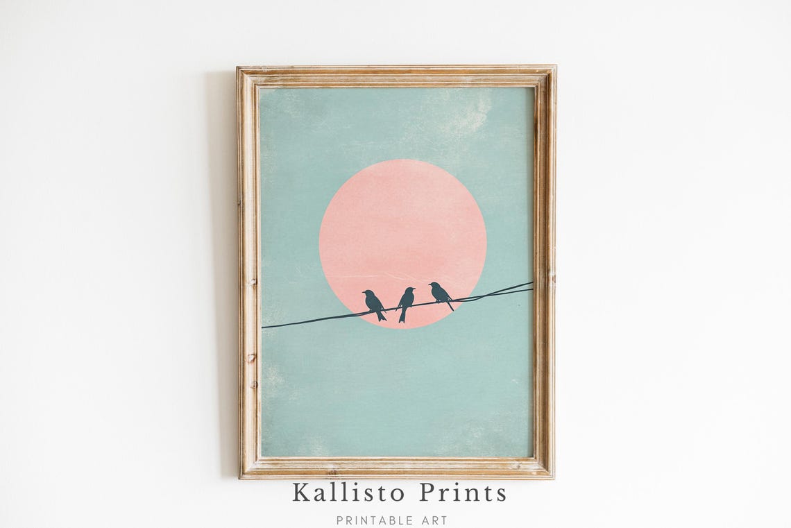 Three Birds on a Wire Blush Pink Moon Minimalist Teal Art Poster