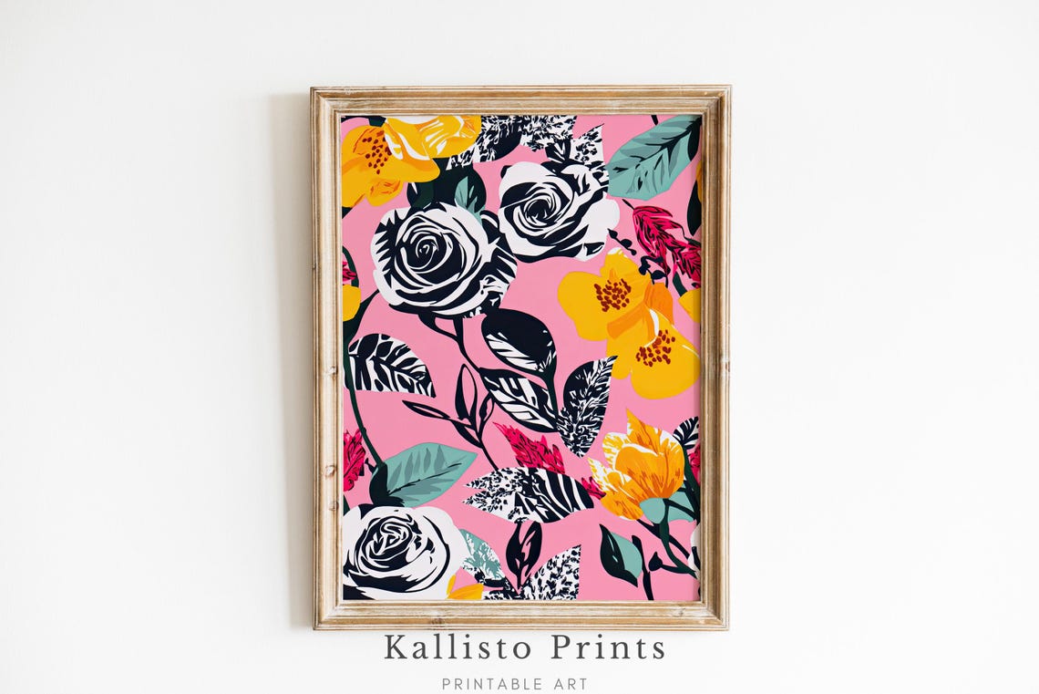 Bold Pink Floral Roses Black And White Modern Graphic Botanical Poster