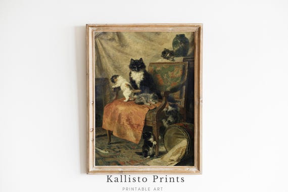 Playful Kittens on Vintage Chair, Rustic Cat Art