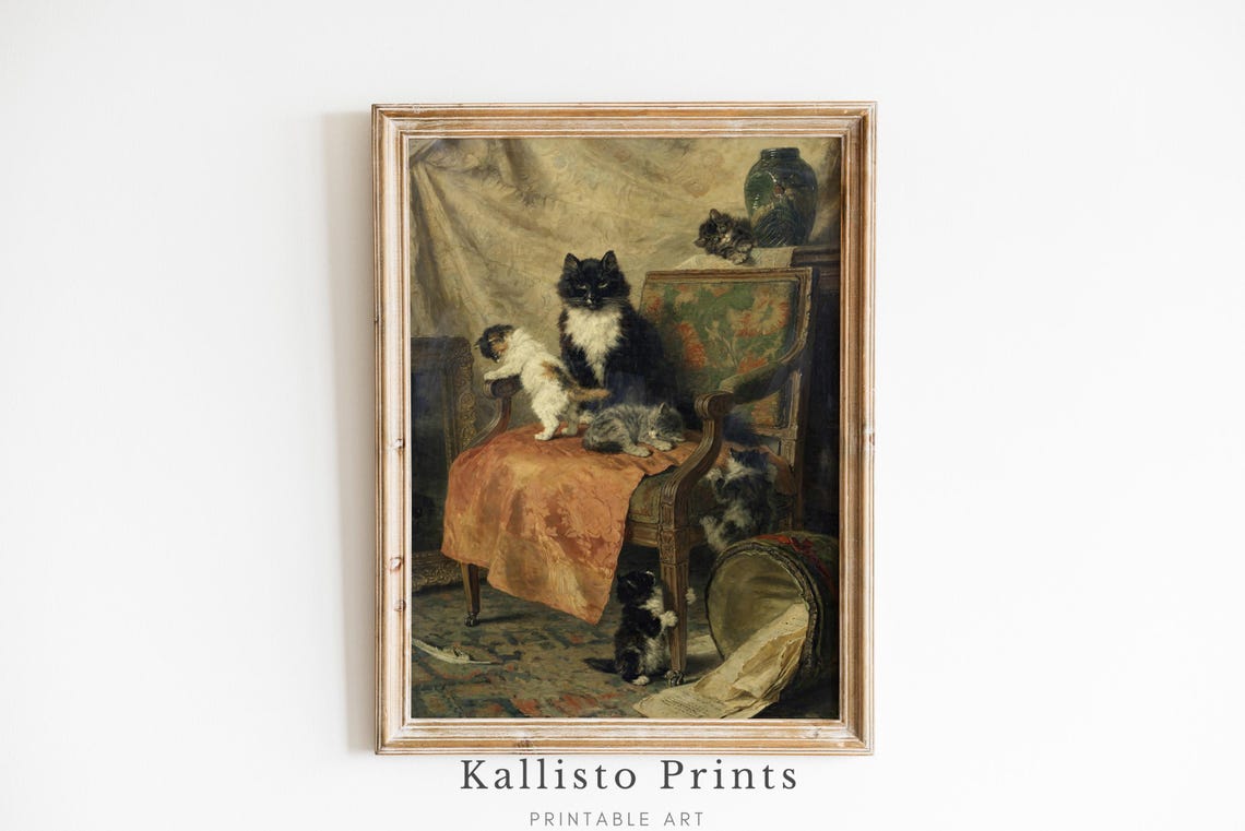 Playful Kittens on Vintage Chair, Rustic Cat Art