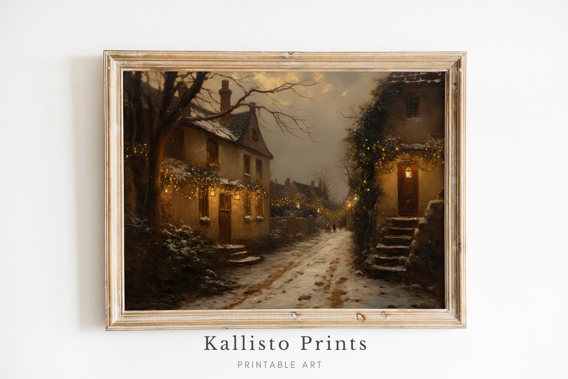 Vintage Winter Landscape Art Print, Rustic Holiday