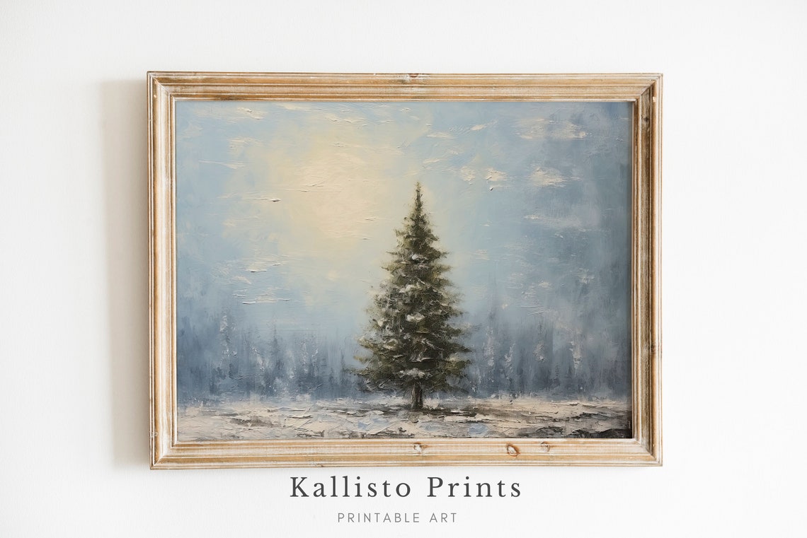 Single Evergreen Tree Snowy Field Soft Winter Painting Art Poster