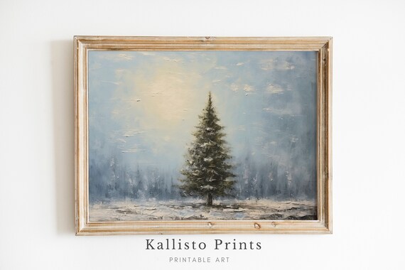Single Evergreen Tree Snowy Field Soft Winter Painting Art Poster
