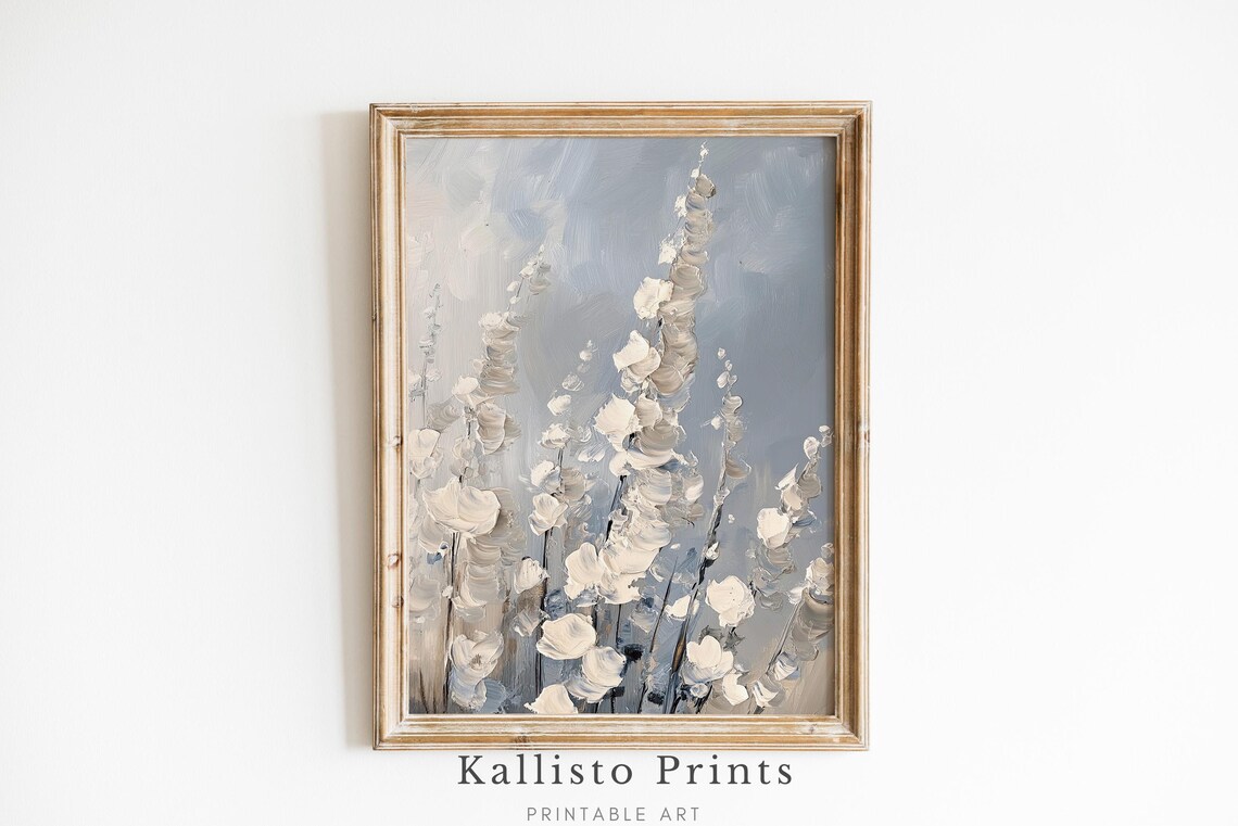 Minimalist White Flowers Blue Background Poster Soft Floral Oil Art