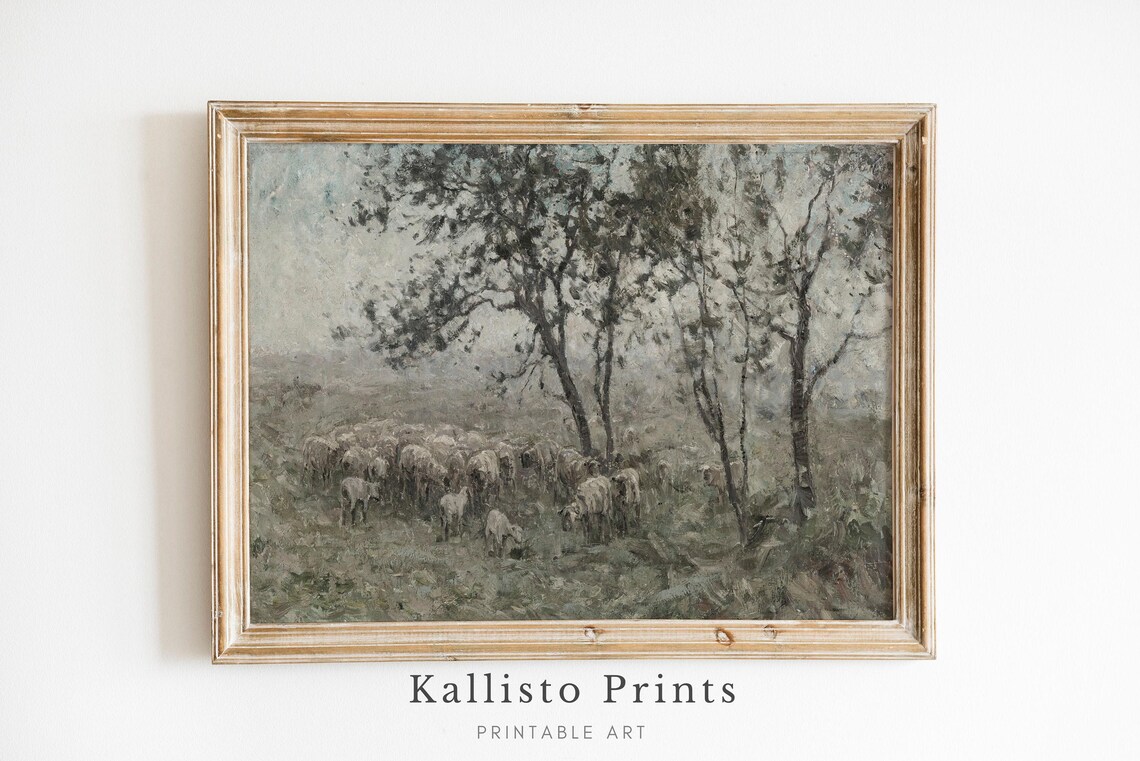 Vintage Sheep Flock Painting Pastoral Rustic Landscape Animal Poster