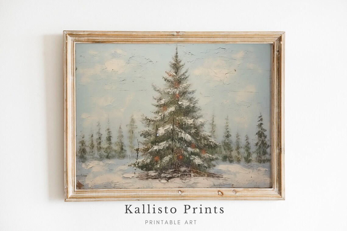 Snowy Christmas Tree Red Berries Winter Forest Vintage Painting Poster