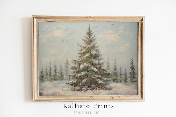 Snowy Christmas Tree Red Berries Winter Forest Vintage Painting Poster