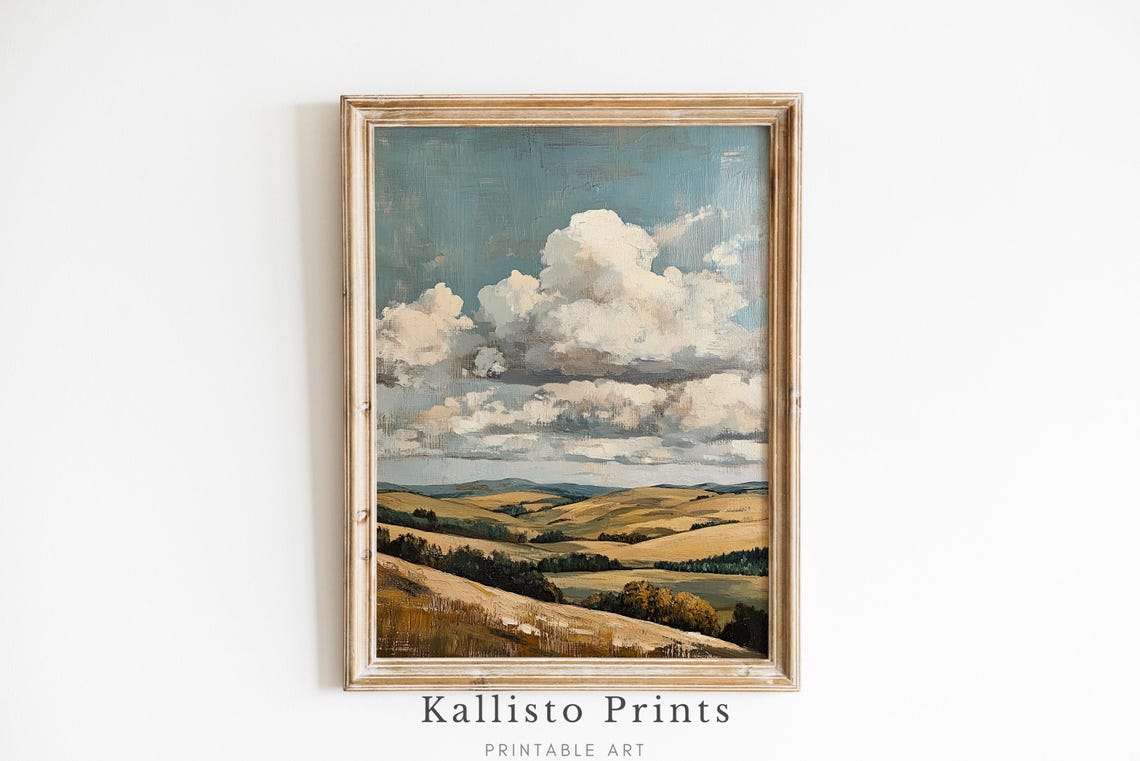 Rolling Hills Pastoral Landscape Big Clouds Vintage Sky Poster