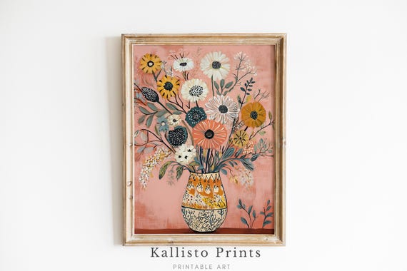 Boho Floral Vase Art Print, Colorful Flower Illustration