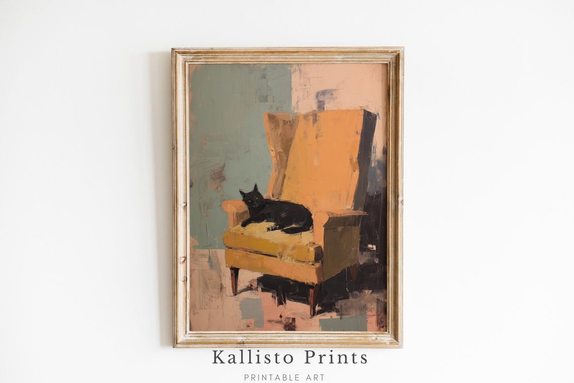 Black Cat Lounging On Vintage Orange Armchair Modern Art Poster