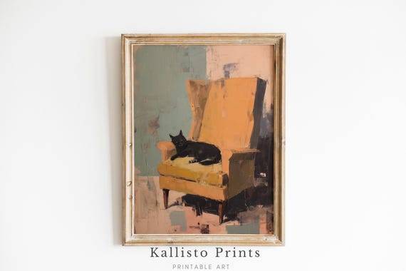Black Cat On Yellow Chair Print Cozy Modern Wall Art Mid Century Pet Decor Moody Feline Oil Style For 1279