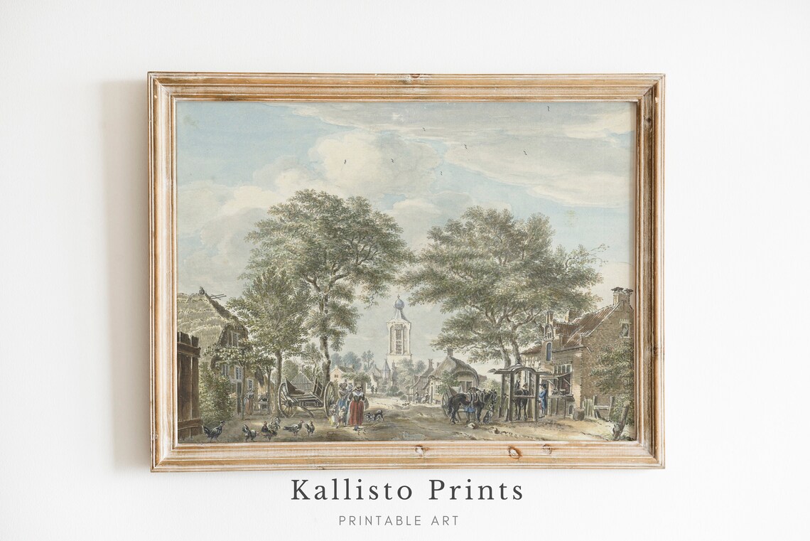 Old European Village Street With Church Tower Figures And Carts Poster