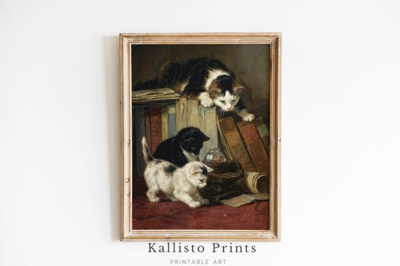 Playful Kittens in Library, Vintage Cat Art Print