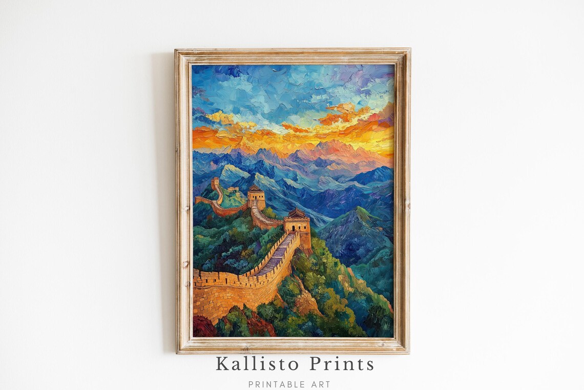 Great Wall Of China Sunset Colorful Mountain Impasto Art Poster
