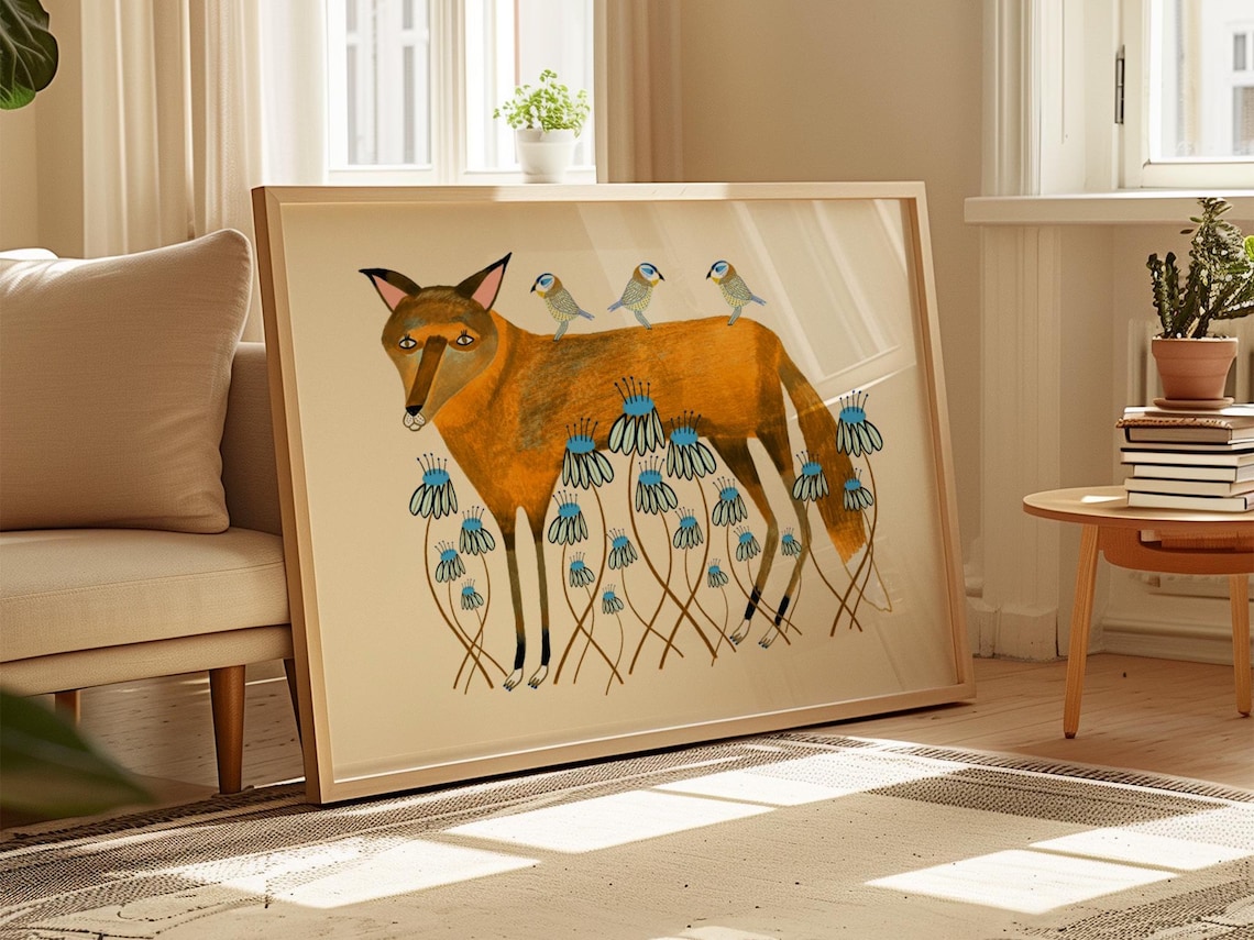 Golden Fox Art Print, Countryside Floral Decor