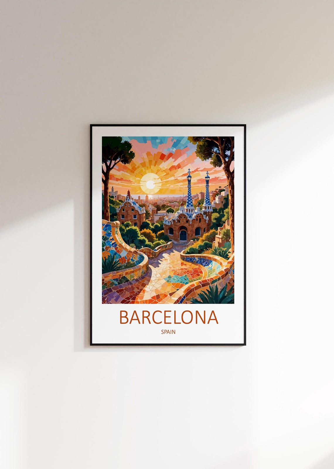 Barcelona Park Guell Mosaic Terrace Sunrise Golden Hour Art Poster - Image 2