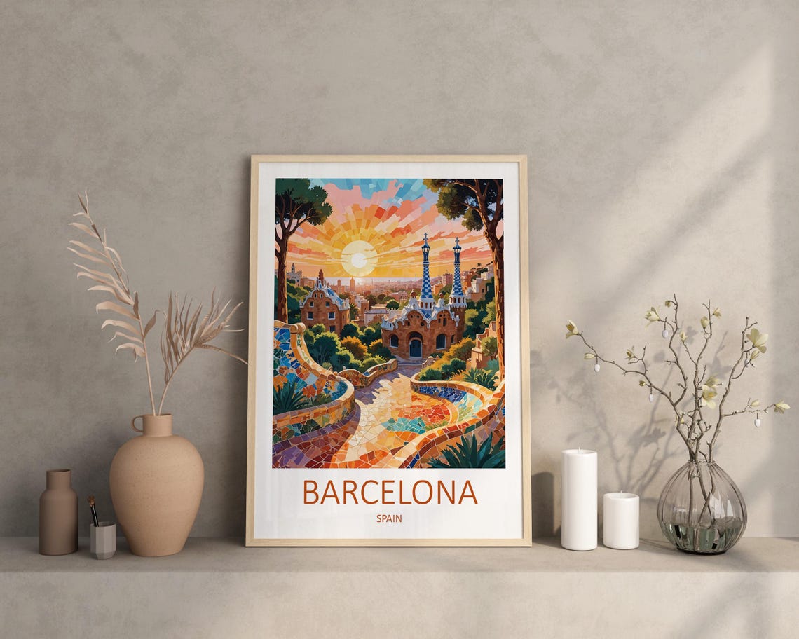 Barcelona Park Guell Mosaic Terrace Sunrise Golden Hour Art Poster - Image 3