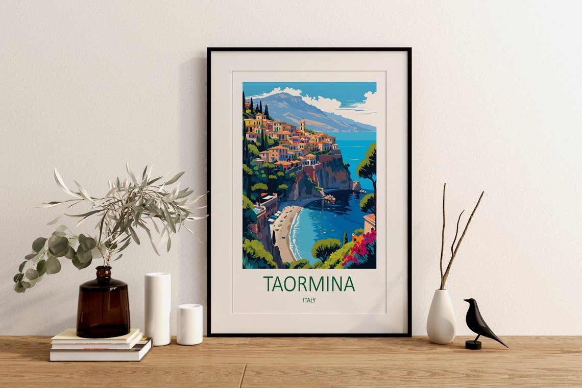 Taormina Italy Cliffside Coastal Town Over Turquoise Bay Water Poster - Image 2