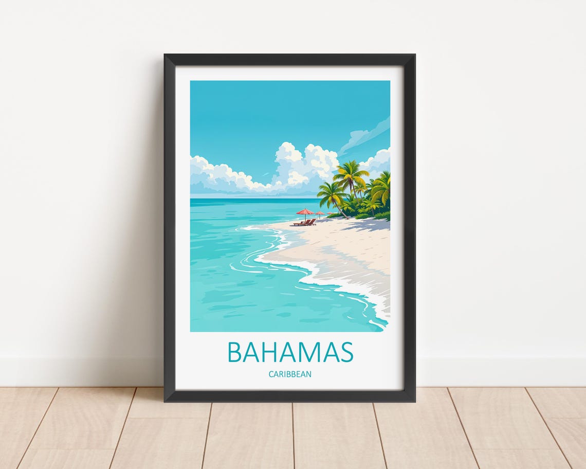 Bahamas Caribbean White Sand Beach With Palms and Umbrellas Poster