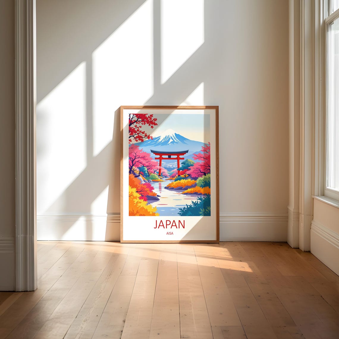 Japan Mount Fuji Red Torii Gate Autumn Cherry Blossom River Poster - Image 6