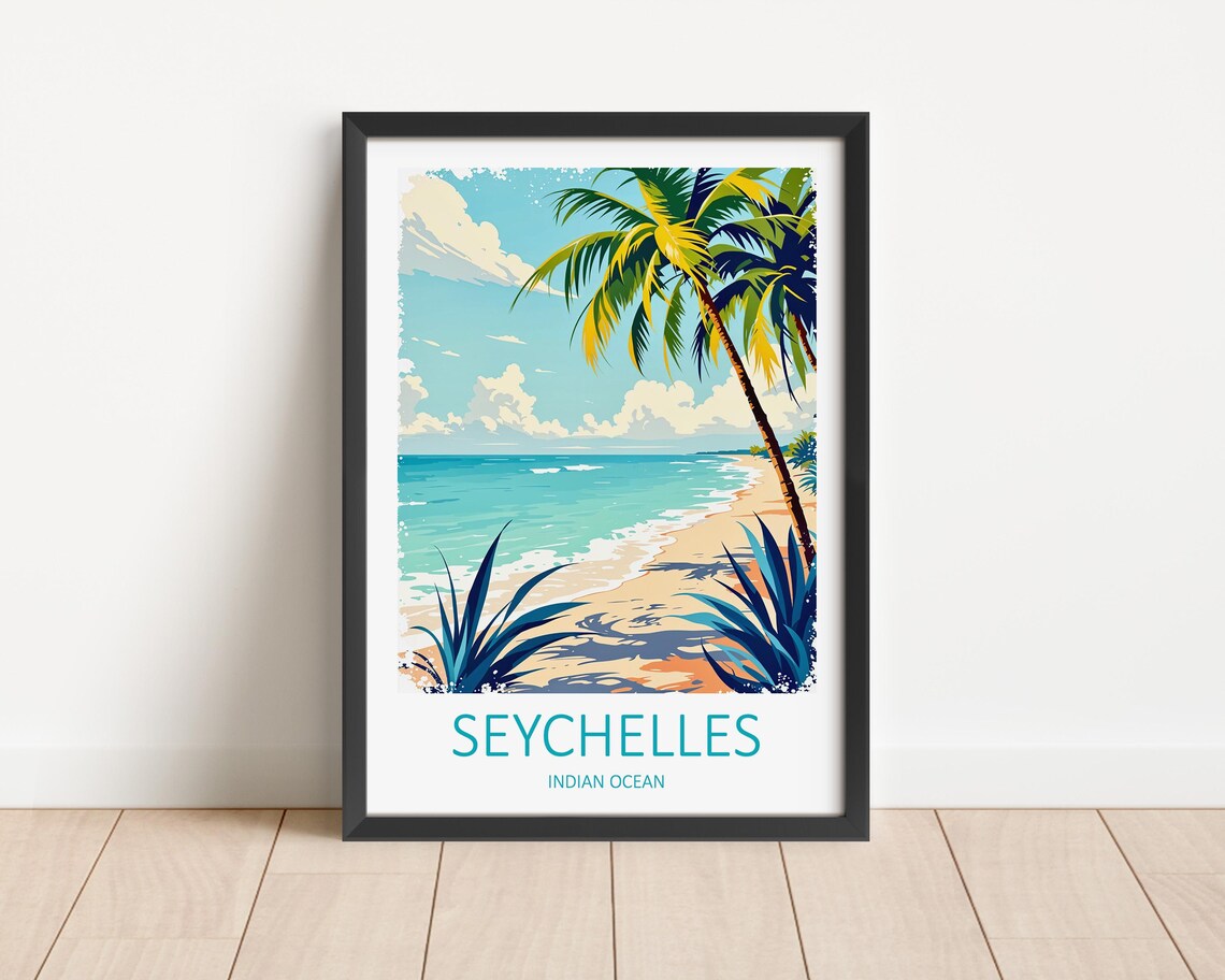 Seychelles Indian Ocean Palm Beach Tropical Shoreline Travel Poster