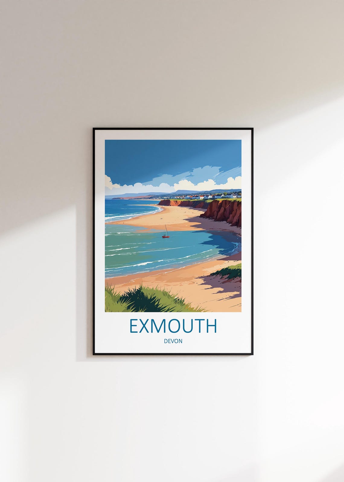 Exmouth Devon Sandy Beach Cove Red Cliffs and Sailboat Poster - Image 2