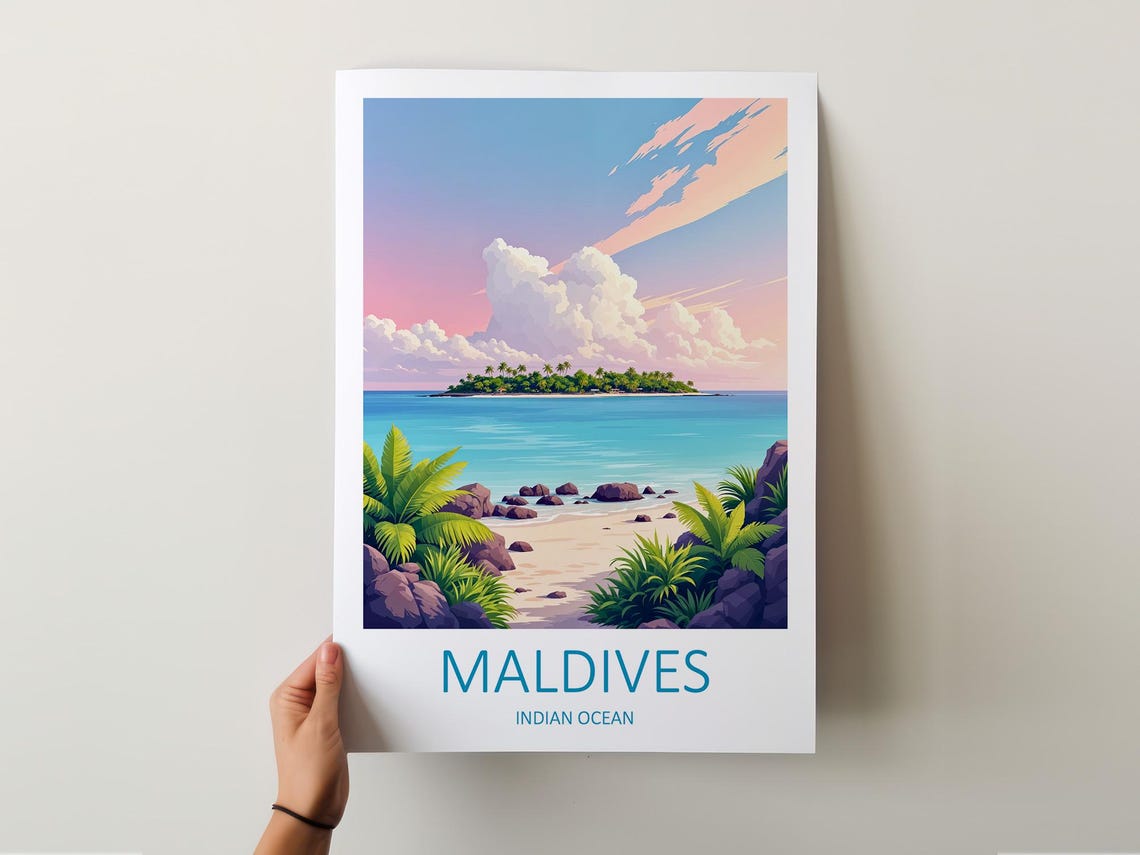Maldives Indian Ocean Tropical Island Beach at Pastel Sunset Poster - Image 5