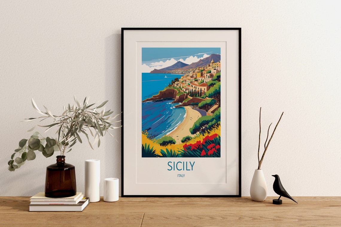 Sicily Italy Coastal Town Cliffs Beach Blossoms Scenic Travel Poster - Image 2