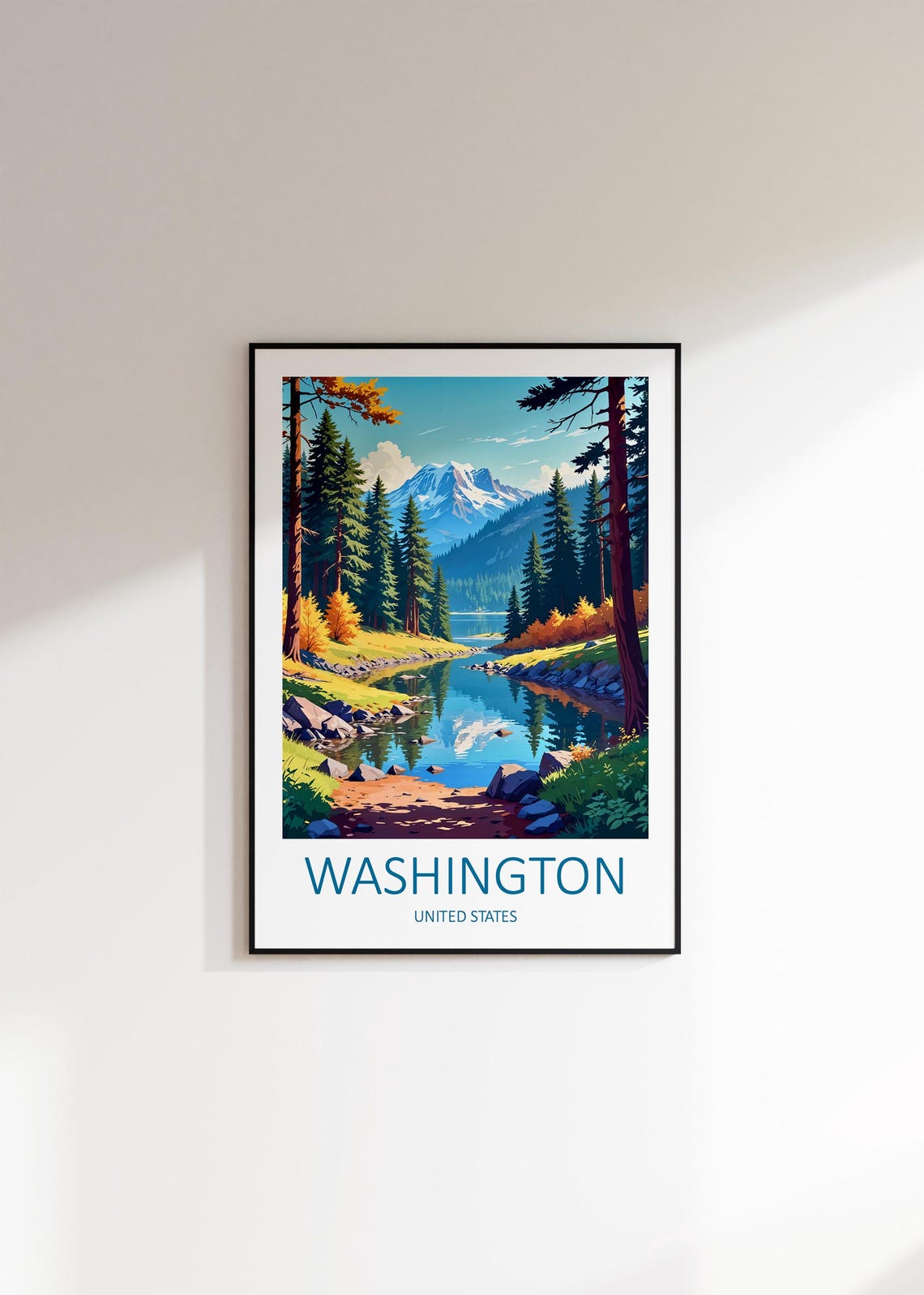 Washington United States Pine Forest Lake And Snowy Mountain Poster - Image 2